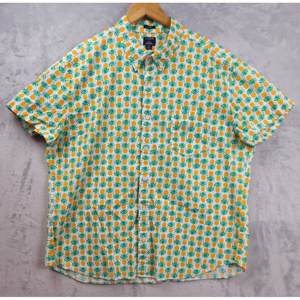 J. Crew Flex Washed Button Down Shirt Men XXL Slim Orange Green Pineapple Print - Picture 1 of 6